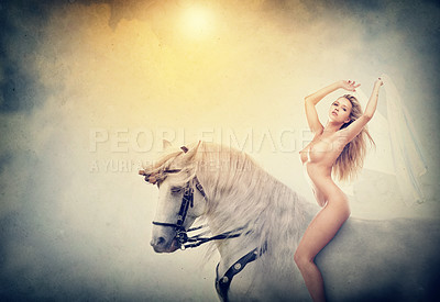 Buy stock photo Illustration of a stunningly beautiful naked woman on a horse