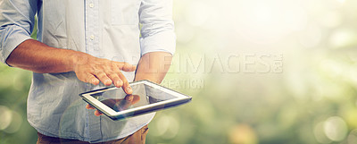 Buy stock photo Tablet, person and internet connection in outdoors, technology and online research by bokeh. Mockup space, nature and networking or digital application, website and contact or online conversation