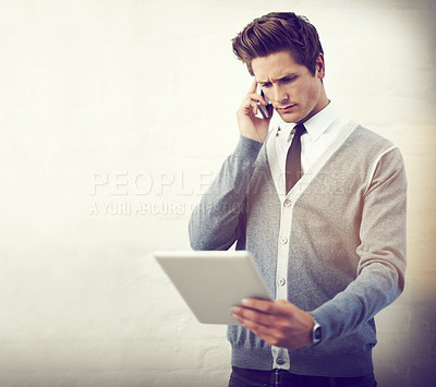Buy stock photo Man, tablet and office with phone call for it team, employee and working on company internet. Discussion, connection and person for occupation, workplace and confident for company, face and serious
