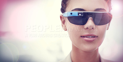 Buy stock photo Augmented reality, portrait and woman with smart glasses, internet connection and mockup in office. Future technology, workplace and girl with designer VR sunglasses, vision and high tech electronics