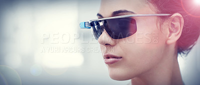 Buy stock photo Augmented reality, future technology and woman with smart glasses, internet connection and mockup in office. Focus, workplace and consultant with VR sunglasses, vision and electronics for networking