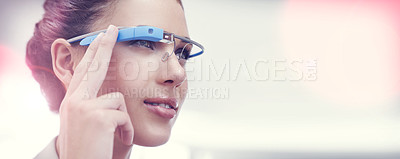 Buy stock photo Augmented reality, vision and woman with smart glasses, internet connection and communication on mockup in office. Future technology, workplace and consultant with VR eyewear, networking and focus 
