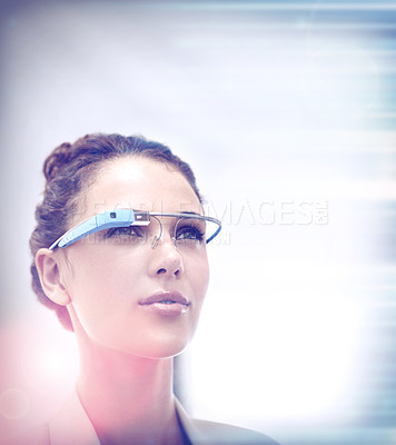 Buy stock photo Augmented reality, woman and smart glasses for technology, internet and innovation or metaverse. Confidence, lady and futuristic eyewear for virtual, communication and information with lens flare.