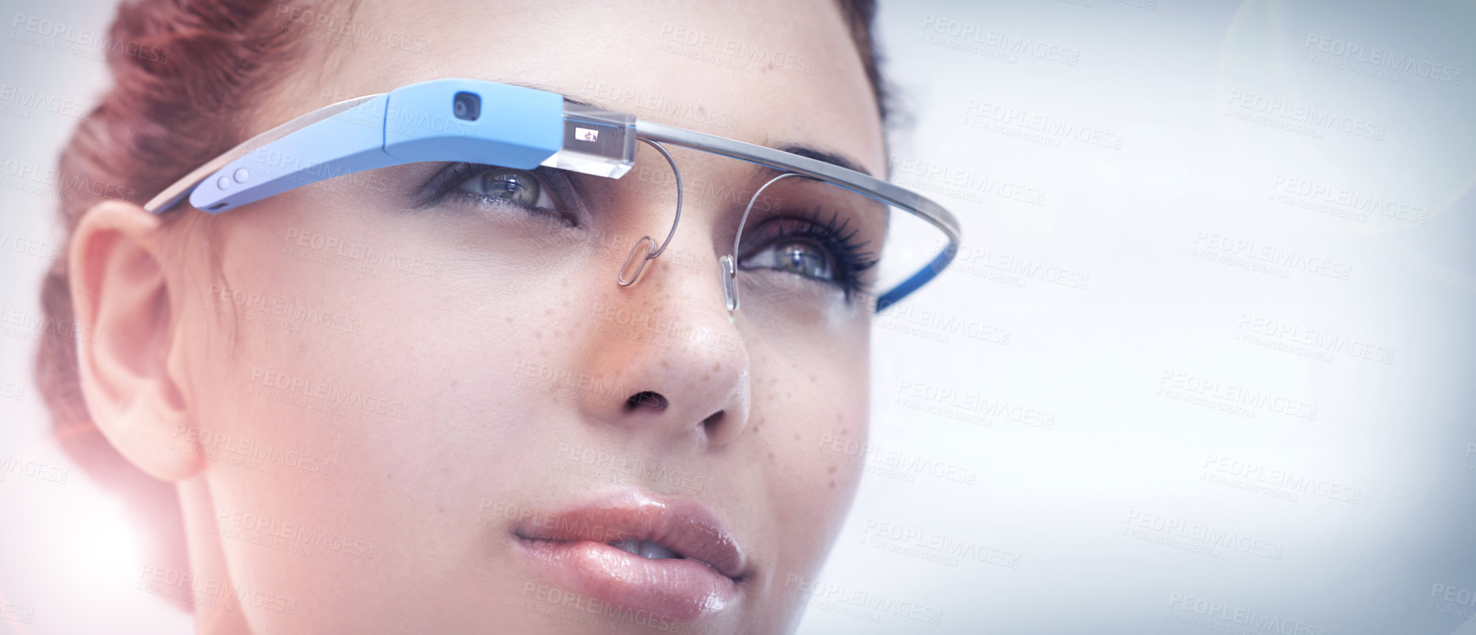 Buy stock photo Banner, Virtual reality and woman with smart glasses for technology, internet or metaverse. Closeup, confidence and female person for futuristic eyewear, innovation and communication by lens flare.