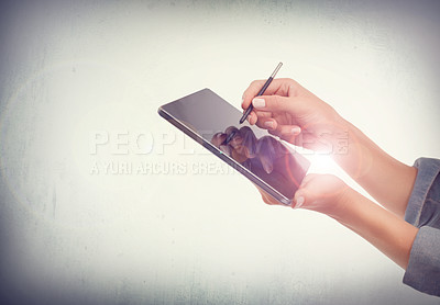 Buy stock photo Digital, hands or screen with hands of business woman in studio for schedule, planning or writing on white background. Tablet, lens flare or female app designer with online, creative or stylus sketch