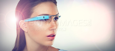 Buy stock photo Vision, woman and smart glasses for augmented reality, metaverse or innovation. Face, cyber eyewear and futuristic tech, thinking and serious person in studio isolated on a white background mockup