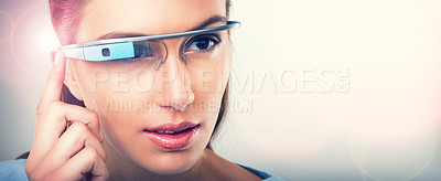 Buy stock photo Woman, futuristic and press glasses for augmented reality, metaverse or internet. Face, cyber eyewear or smart tech for online vision of serious person in studio isolated on a background mockup space