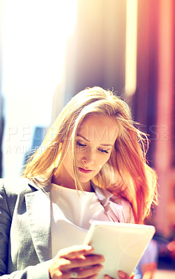Buy stock photo Businesswoman, tablet and city travel for online communication as financial planner, internet or commute. Female person, email and downtown walking for office building direction, networking or urban