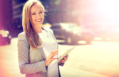 Buy stock photo Businesswoman, portrait and tablet in city for travel location or directions for downtown commute, online or networking. Female person, smile and urban trip in New York or navigation, connect or walk