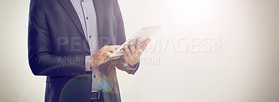 Buy stock photo Businessman, hands and studio with tablet on internet search for business opportunity and networking on white background. Closeup, entrepreneur and online with stock market for value and economy. 