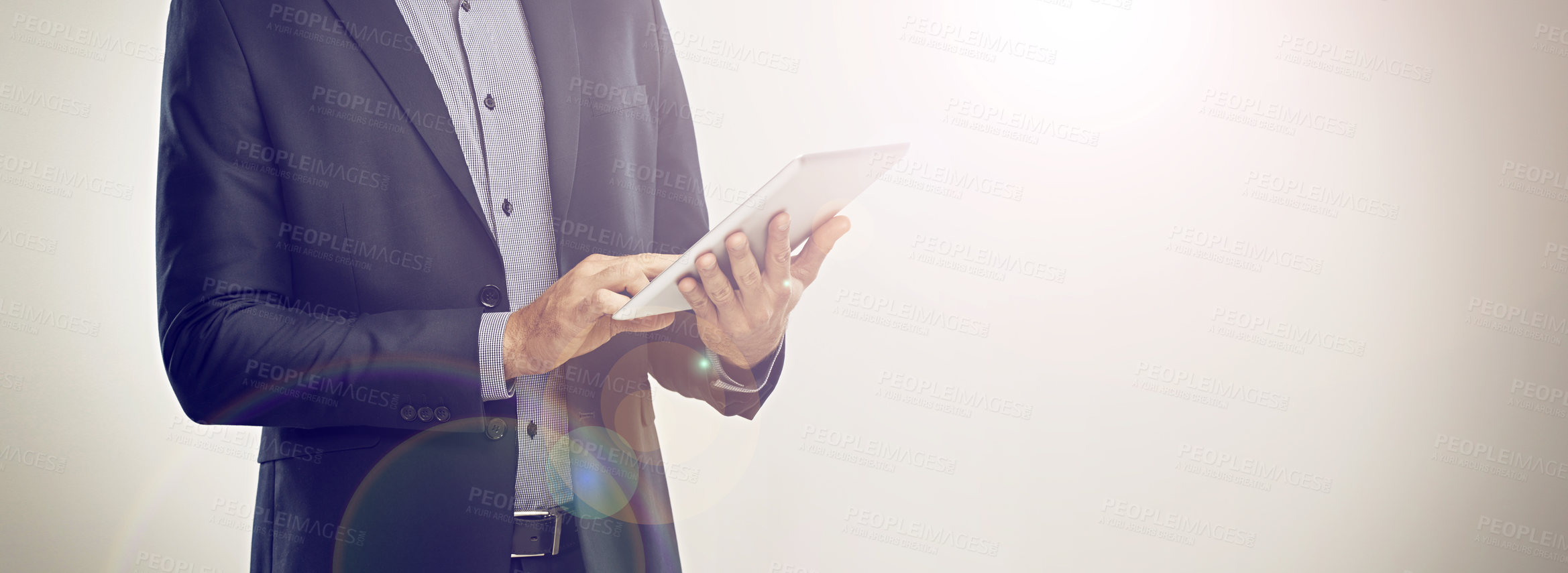 Buy stock photo Businessman, hands and studio with tablet on internet search for business opportunity and networking on white background. Closeup, entrepreneur and online with stock market for value and economy. 