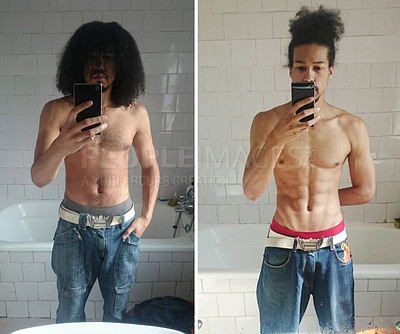 Buy stock photo Before and after selfies of a young man tracking his progress