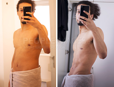 Buy stock photo Before and after. selfie and man with weightloss with results, progress and transformation in home. Fitness, health and person take picture for diet supplements to lose weight, workout and exercise