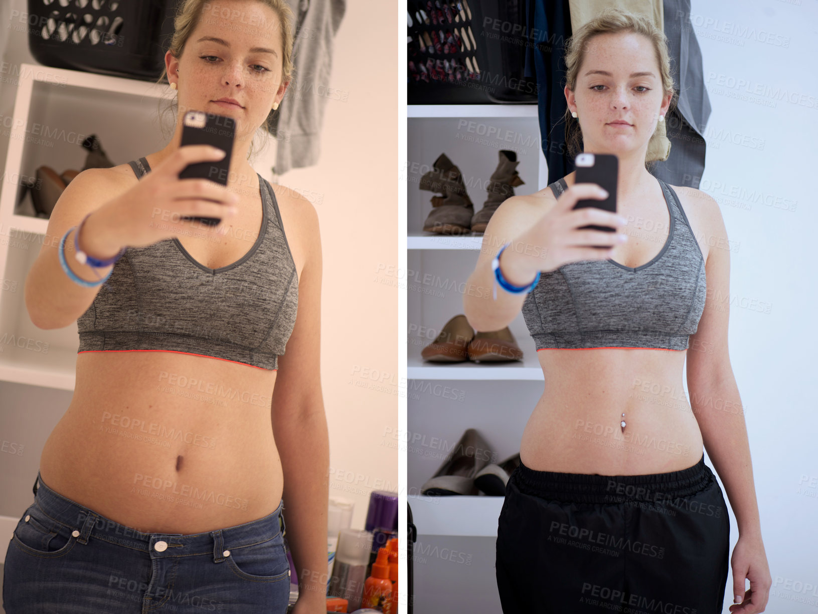 Buy stock photo Before and after selfies of a young woman tracking her progress