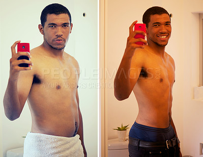 Buy stock photo Weight loss, photo and happy man with results, progress and transformation in home. Fitness, before and after and portrait of person take selfie for diet vitamins to lose weight, workout and exercise