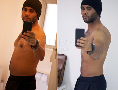 Buy stock photo Fitness, photo and man with weight transformation before and after progress with body health. Diet, workout and exercise with comparison and healthy improvement with mobile for social media at home