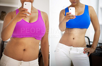 Buy stock photo Before and after selfies of a young woman tracking her progress