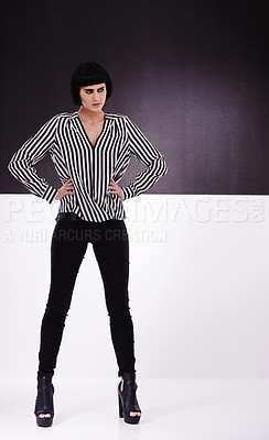Buy stock photo Fashion, retro or woman on a white or black background, trendy and stylish outfit in vintage high heels. Unique lady, different or confident female model with edgy, classy clothes or style in studio