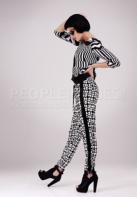 Buy stock photo Fashion, vintage or woman on grey background, trendy and stylish outfit in retro pants or high heels. Unique lady, full body or confident female model with edgy, classy clothes or style in studio
