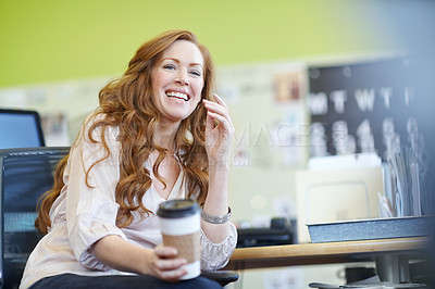 Buy stock photo Portrait, female worker or cup to smile, desk or relax in office, excited at company workplace. Redhead woman, designer or coffee as ready to start, work or happiness at future, leisure or recreation