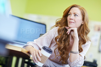 Buy stock photo Woman, thinking and coffee to relax at desk on break for business, startup or workplace. Female person, decision or idea for work and future design with drink for solution, creative plan or project
