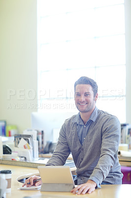 Buy stock photo Man, tablet and portrait for graphic design for creative career, agency and startup. Online work, morning light and happy with male employee in modern office with drink, technology and small business