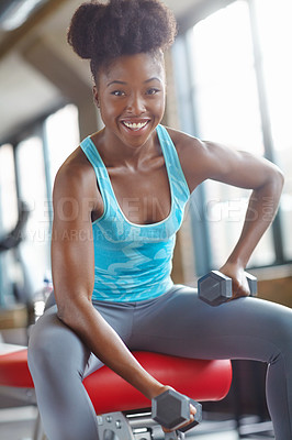 Buy stock photo Black woman, gym and weights for fitness in portrait for wellness with health for goal with smile for strong athlete. Training, sports and cardio with self love for bodycare with run for victory