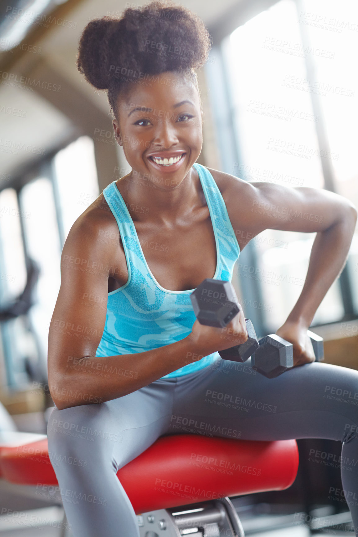 Buy stock photo Fitness, portrait or black woman with dumbbells in training, workout or exercise for grip strength. Bodybuilder, bodybuilding or happy athlete with weights for energy, challenge or balance in gym