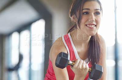 Buy stock photo Fitness, gym and girl with dumbbell exercise for strength, training or arm muscle challenge. Sports, wellness and athlete with weightlifting performance, energy and health, cardio or body workout