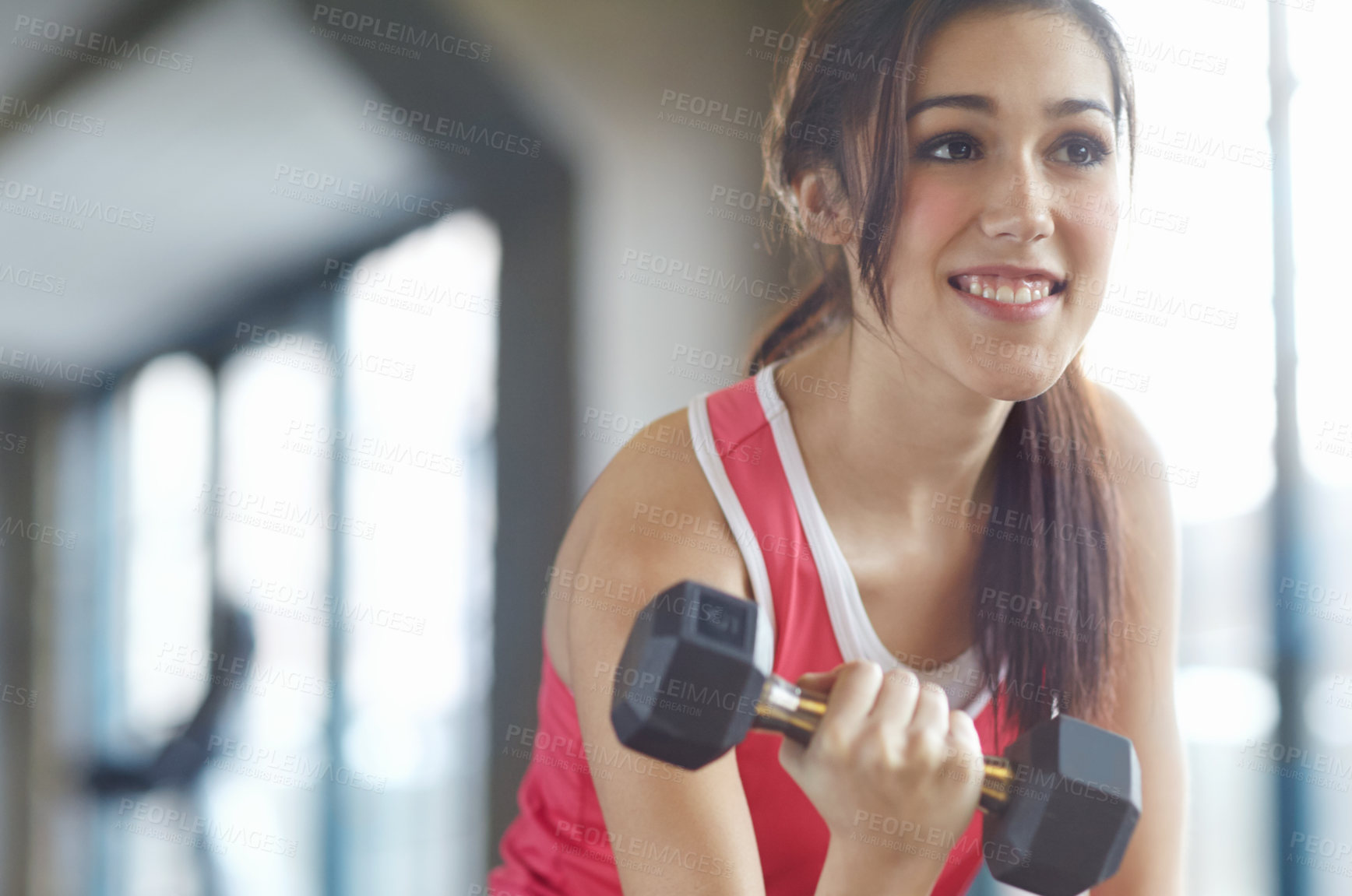 Buy stock photo Fitness, gym and girl with dumbbell exercise for strength, training or arm muscle challenge. Sports, wellness and athlete with weightlifting performance, energy and health, cardio or body workout