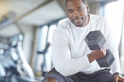 Buy stock photo Black man, weight lifting and exercise portrait for fitness with dumbbell, workout challenge and strong muscle. Bodybuilder, athlete and strength training for wellness routine, happy and mockup space