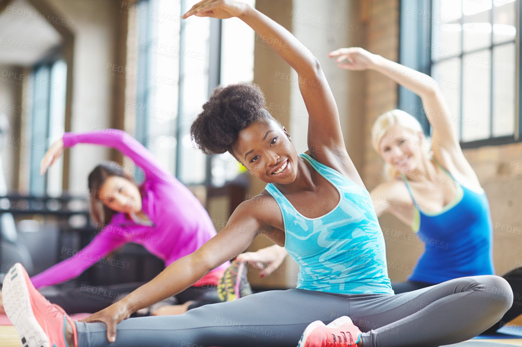 Buy stock photo Black woman, portrait and instructor at yoga class, stretch and yogi for exercise on mat. Female person, trainer and confident for pilates or spiritual fitness, flexibility and happy for gym activity