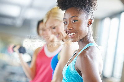 Buy stock photo Woman, smile and portrait for workout in gym for fitness, class and muscle growth. Girl, happy and confident for exercise in athlete center for training, sport and strength development or health