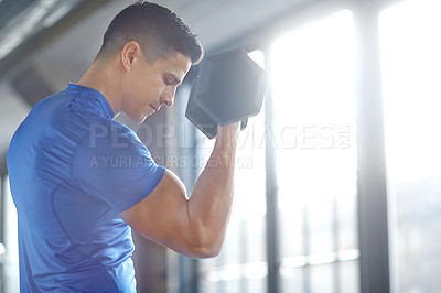 Buy stock photo Gym, bodybuilder or strong man with dumbbells in training, workout or exercise for grip strength. Power, bodybuilding or healthy athlete with weights for energy, sports challenge or punch for fitness