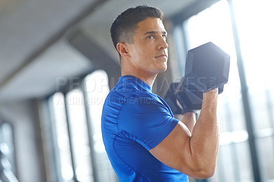 Buy stock photo Muscle, bodybuilder or man with dumbbell in training, workout or exercise for grip strength. Gym, bodybuilding or healthy athlete with heavy weights for pump, sports challenge or club for fitness