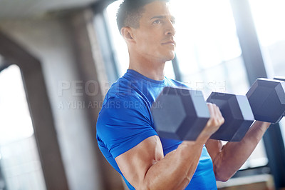 Buy stock photo Strong, bodybuilder or man with dumbbells in workout, training or exercise for grip power. Lift, bodybuilding or serious athlete with weights for pump, sports challenge or energy for fitness in gym