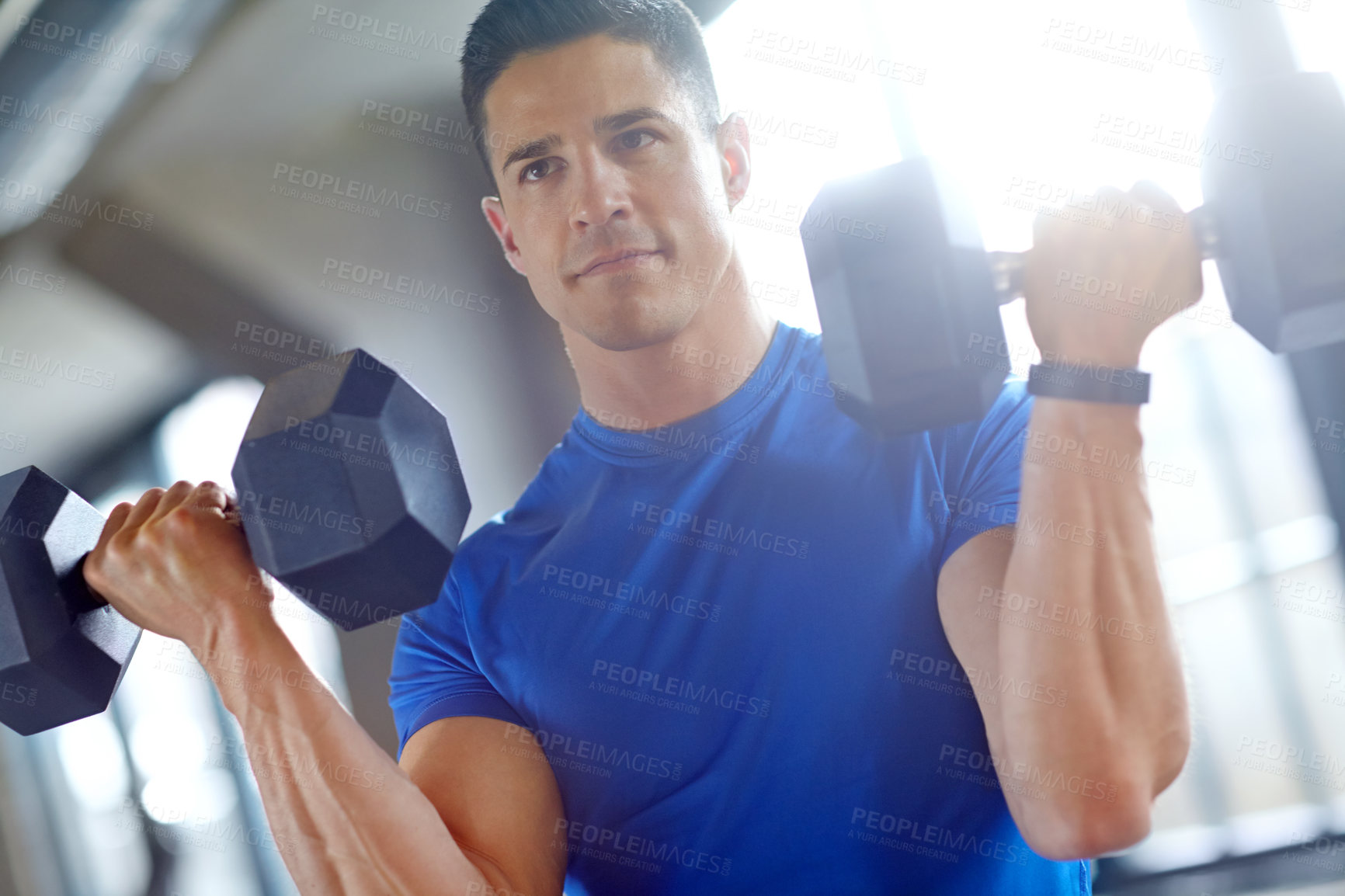 Buy stock photo Fitness, bodybuilder or man with dumbbells in workout, training or exercise for grip power. Strong guy, bodybuilding or serious athlete with heavy weights for pump, sports challenge or energy in gym