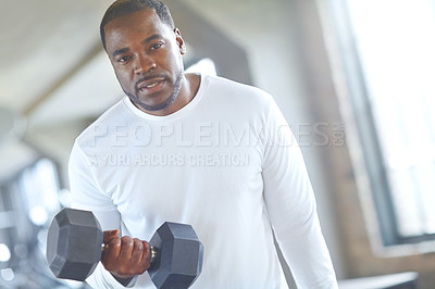 Buy stock photo Portrait, bodybuilder or black man with dumbbell in workout, training or exercise for grip power. Strong, bodybuilding or athlete with weights for gym pump, sports challenge or energy for fitness 