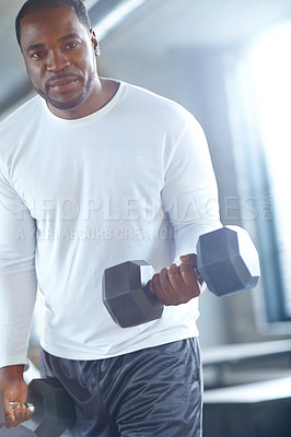 Buy stock photo Portrait, athlete or black man with dumbbell in workout, fitness training or exercise for grip power. Lift, bodybuilding or strong bodybuilder with weights for pump, sports challenge or energy in gym