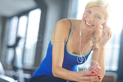 Buy stock photo Earphones, sports and portrait of woman in gym listen to podcast, music or radio for motivation. Health, exercise and female athlete streaming song, album or playlist for workout in fitness center.