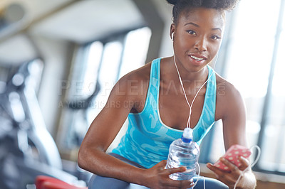 Buy stock photo Portrait, exercise and black woman listening to music, water bottle and wellness with training and healthy. Face, African person and athlete with hydration and app for fitness motivation and progress
