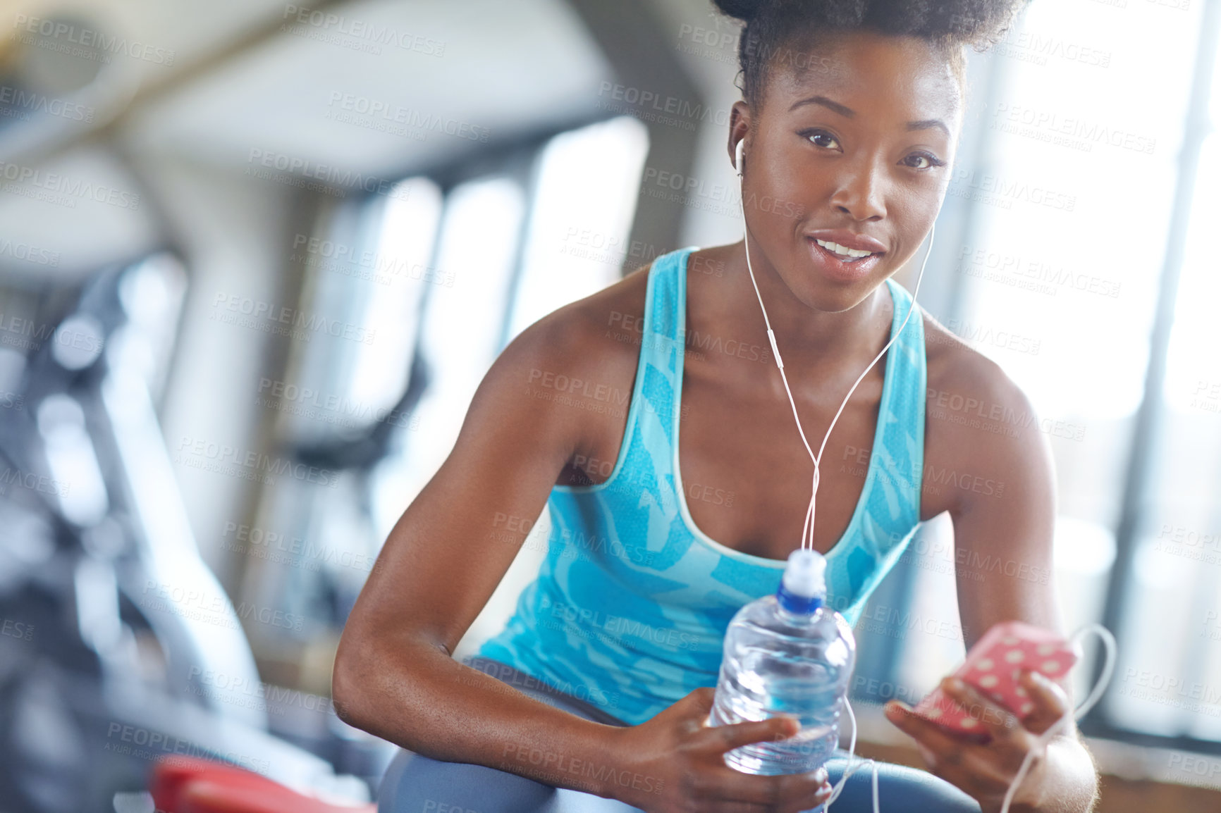 Buy stock photo Portrait, exercise and black woman listening to music, water bottle and wellness with training and healthy. Face, African person and athlete with hydration and app for fitness motivation and progress