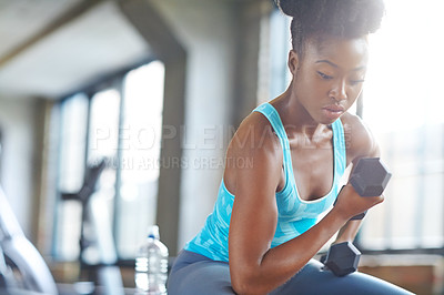 Buy stock photo Black woman, weight lifting and exercise in gym for fitness with dumbbell, workout challenge or strong muscle. Bodybuilder, athlete or strength training for bodybuilding wellness or power competition