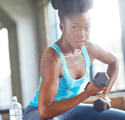 Buy stock photo Black woman, weight lifting and portrait in gym for fitness with dumbbell, workout challenge or strong muscle. Bodybuilder, athlete or strength training for bodybuilding exercise or power competition