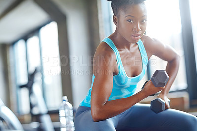 Buy stock photo Black woman, weight lifting and portrait in gym for workout with dumbbell, fitness challenge and strong muscle. Bodybuilder, athlete and strength training with confidence, mockup and power exercise