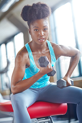 Buy stock photo Gym, portrait and black woman with dumbbell, fitness and training for strong arm challenge. Sports, wellness and athlete with weightlifting exercise, performance and health, cardio or body workout