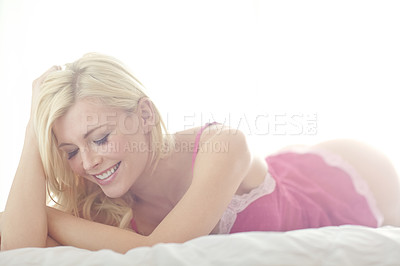 Buy stock photo Model, lingerie and smile with bedroom, morning flirt and confidence for sensual fashion. Woman, lace and underwear with glamour, sexy style and elegant pyjamas with comfortable house in New York