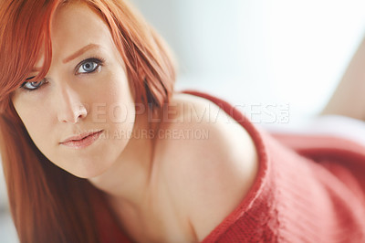 Buy stock photo Woman, portrait and redhair with closeup in bedroom with makeup for beauty with blue eyes in morning. Expression, comfort and relax in sweater for winter with confidence in house or apartment