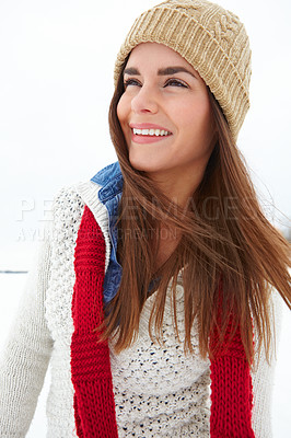 Buy stock photo Woman, winter and fashion in outdoor snow, warm clothes and designer jersey or season outfit. Female person, smile and cold weather on holiday or vacation, style and beanie aesthetics in Scotland