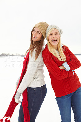 Buy stock photo Smile, snow and portrait of girl friends on winter vacation, adventure or holiday for travel in Switzerland. Happy, confident and women with crossed arms for bonding in cold weather for weekend trip.